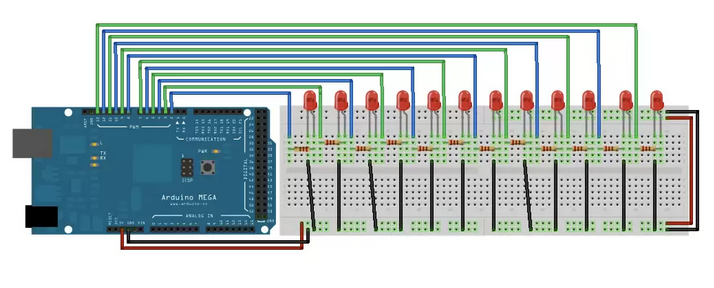 Подключение 12 светодиодов к Arduino Mega