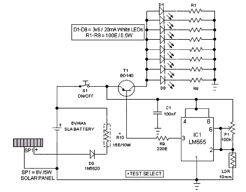 Схема светодиодного фонарика на солнечной батарее